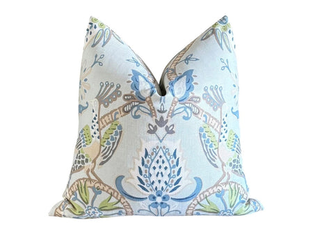 Peacock Garden Linen Pillow Cover: Aqua Bird Print Throw Pillow