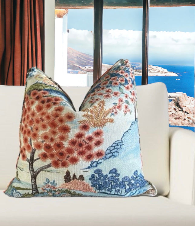 Yuhua Printed Cotton Pillow Cover With Self Welt 18x18, 20x20, 22x22, 24x24, 12x20, 12x22, 14x22, 16x24, 14x46, 14x48 Mill Creek Coral